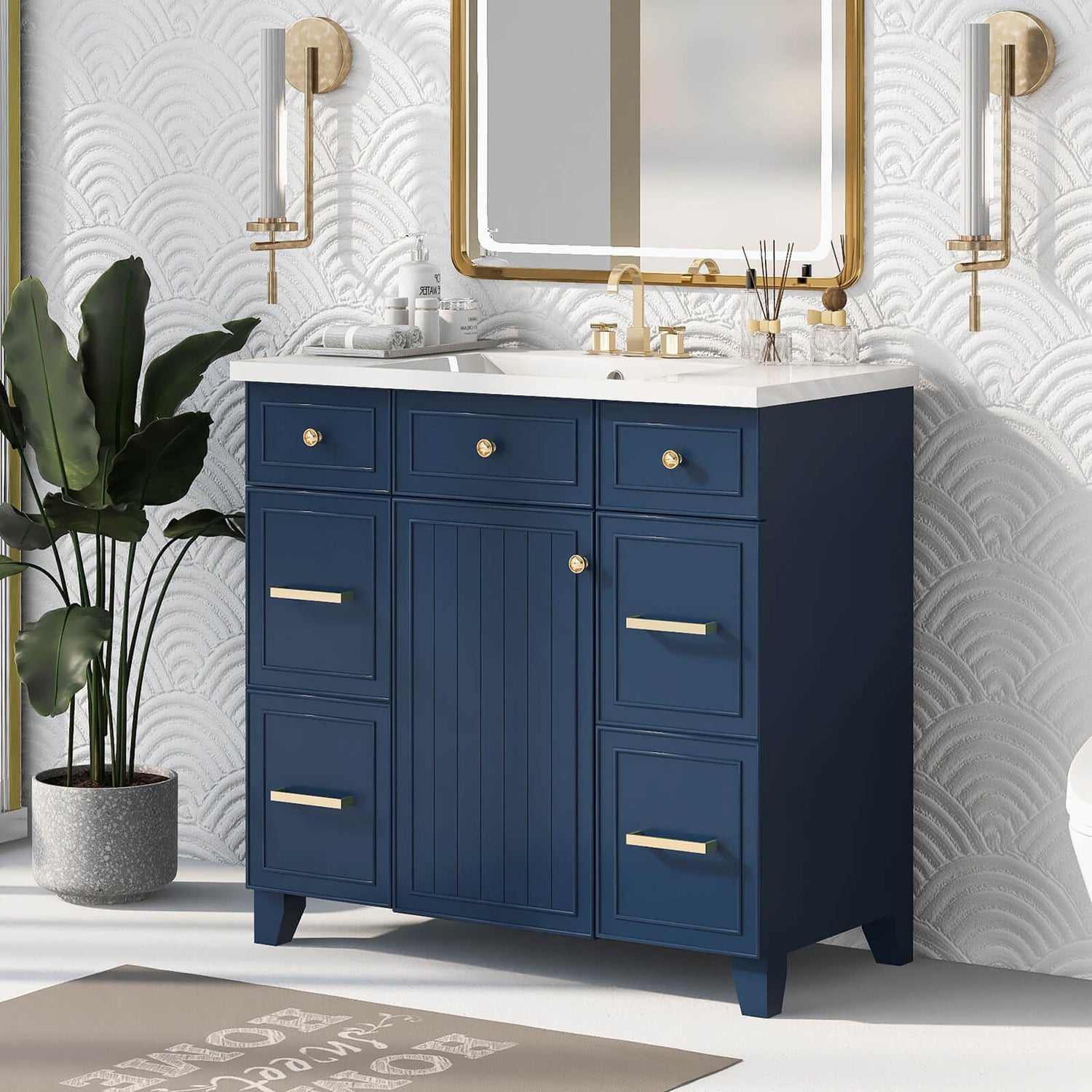 Contemporary solid wood bathroom vanity in deep blue finish