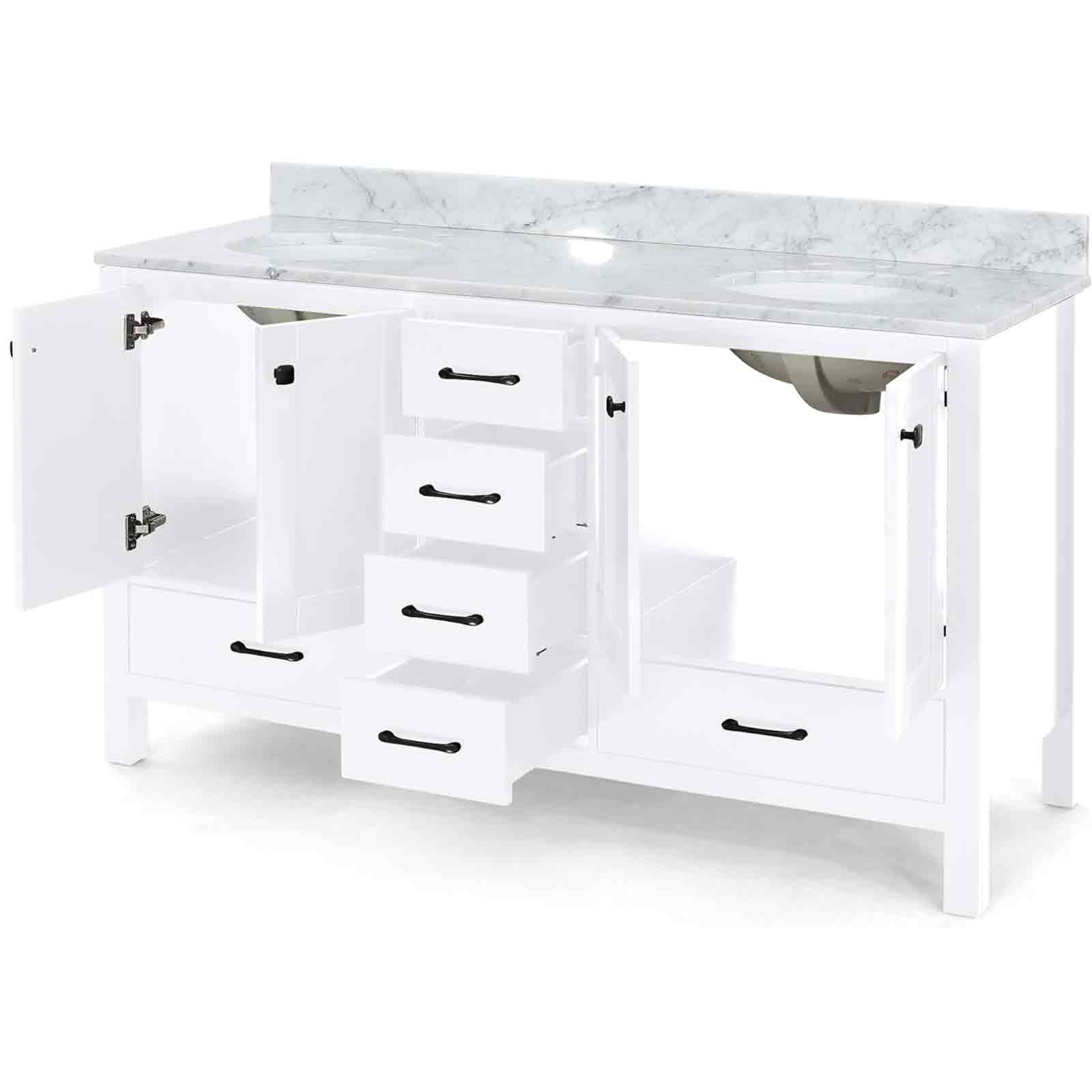 Contemporary white poplar wood vanity with natural marble top and 6 drawers