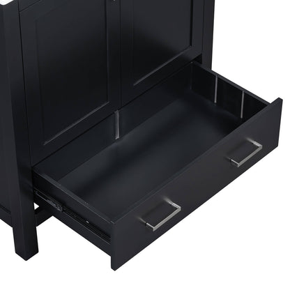 Contemporary black vanity with built-in shelf for efficient bathroom organization