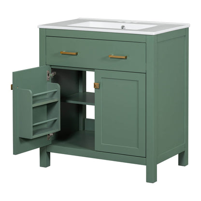 Contemporary sage green vanity with undermount sink and gold accents