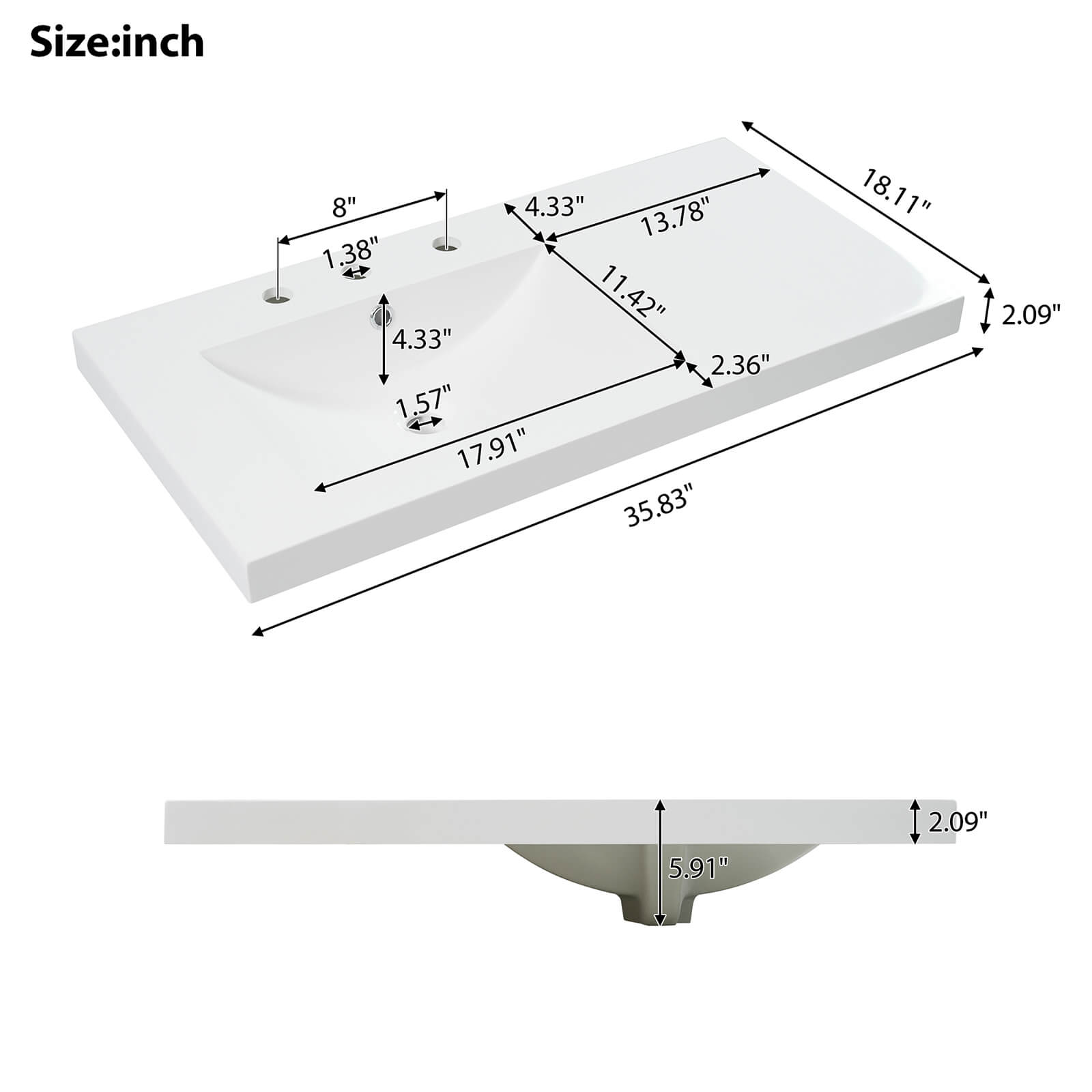 Countertop Dimensions Specifications for 36 White Bathroom Vanity with Left Offset Sink