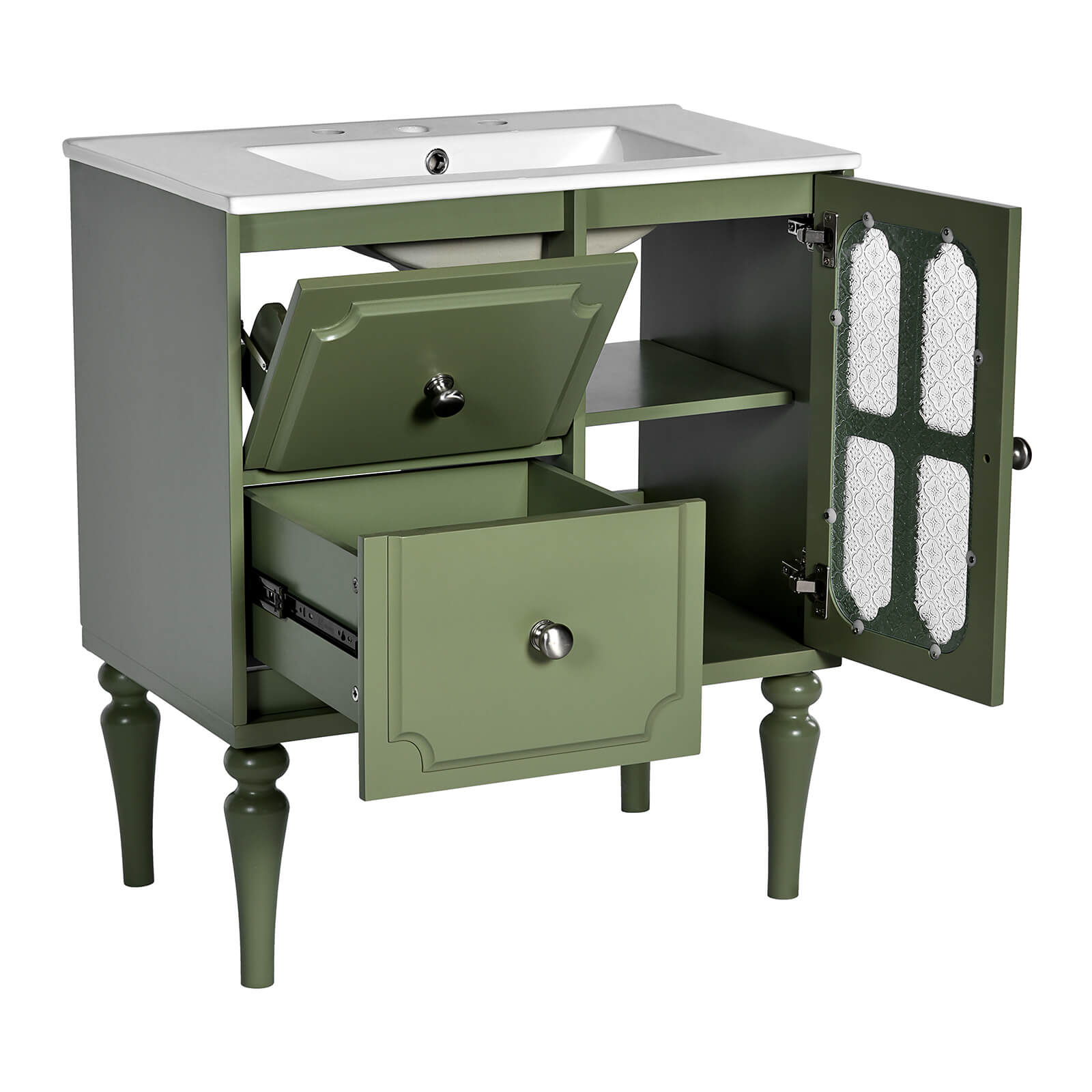 Creative Retro Bathroom Vanity in Olive Green with Pinewood Structure