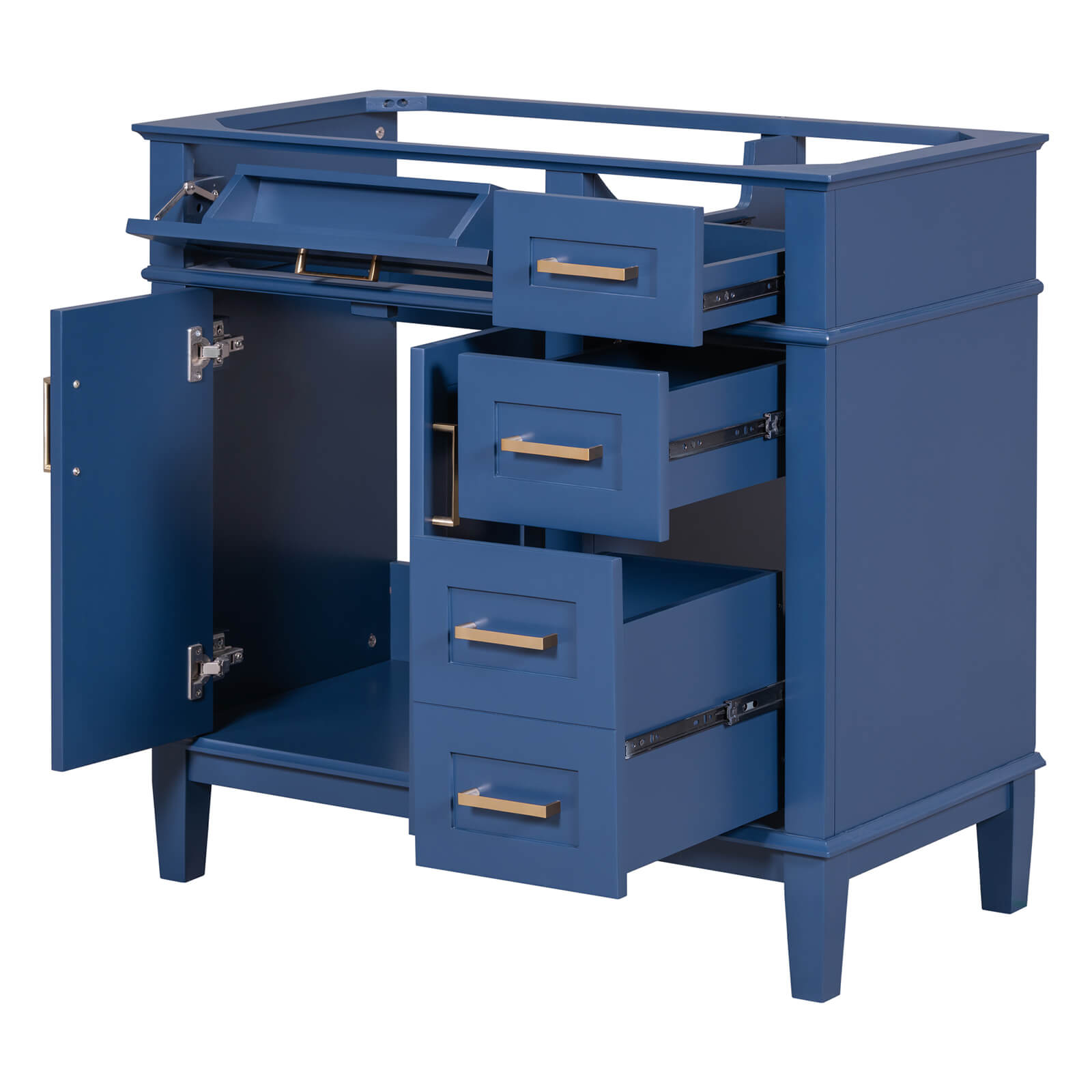 Customizable navy blue vanity featuring three drawers and a flip-out compartment