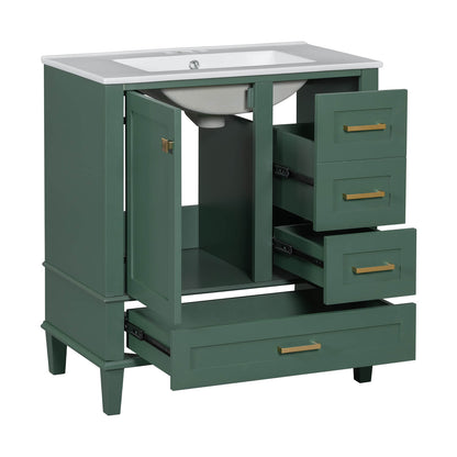 Dark green bathroom vanity with countertop and four storage spaces