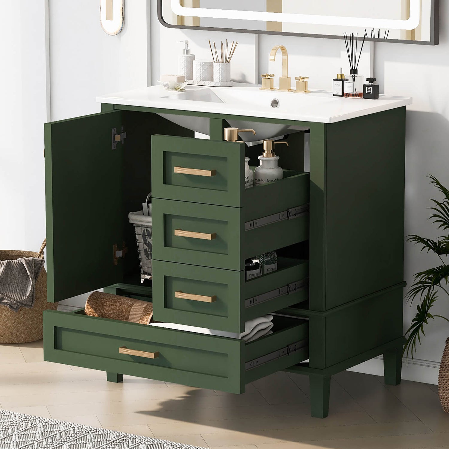 Dark green bathroom vanity with countertop for modern bathrooms