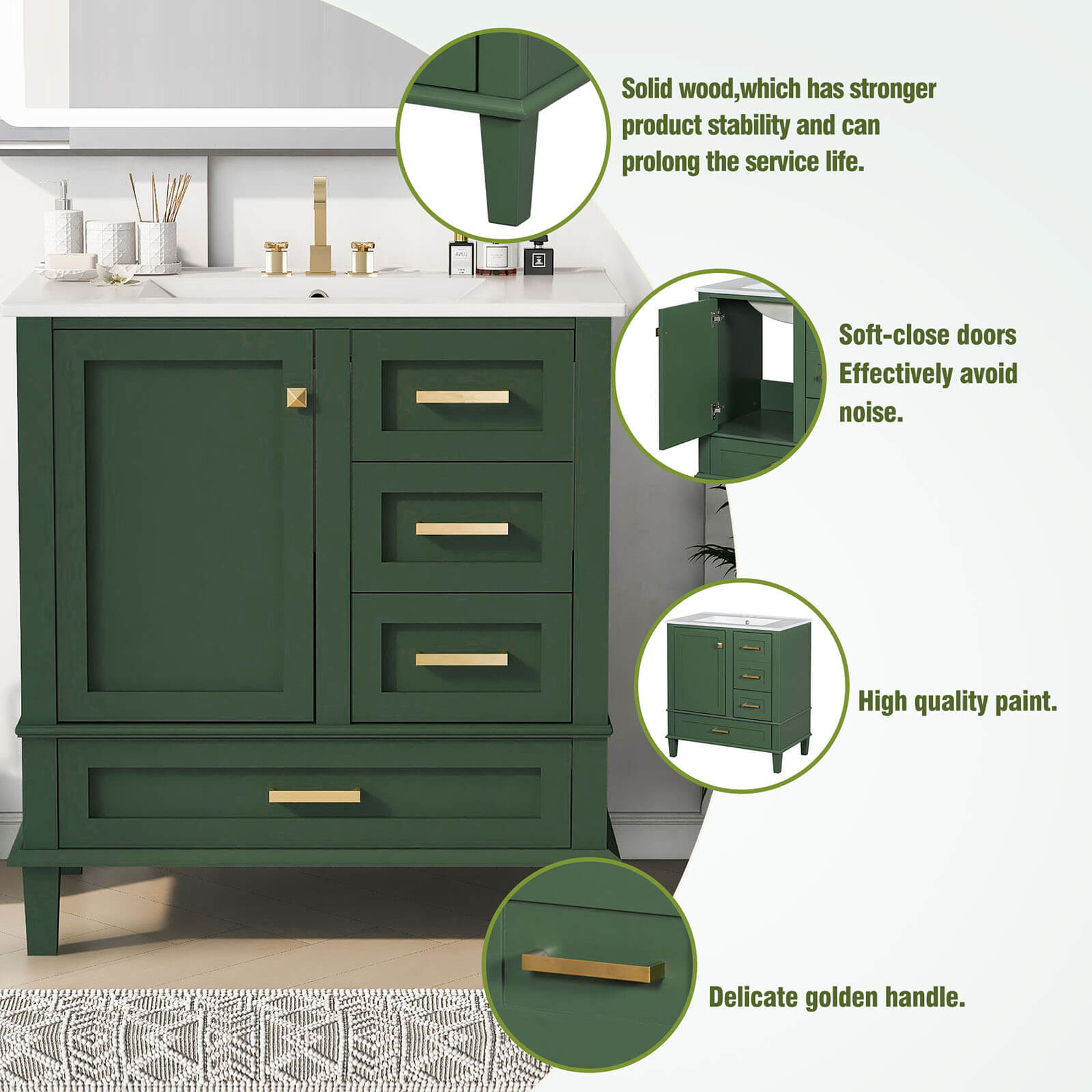 Deep green wooden bathroom vanity with countertop for stress relief