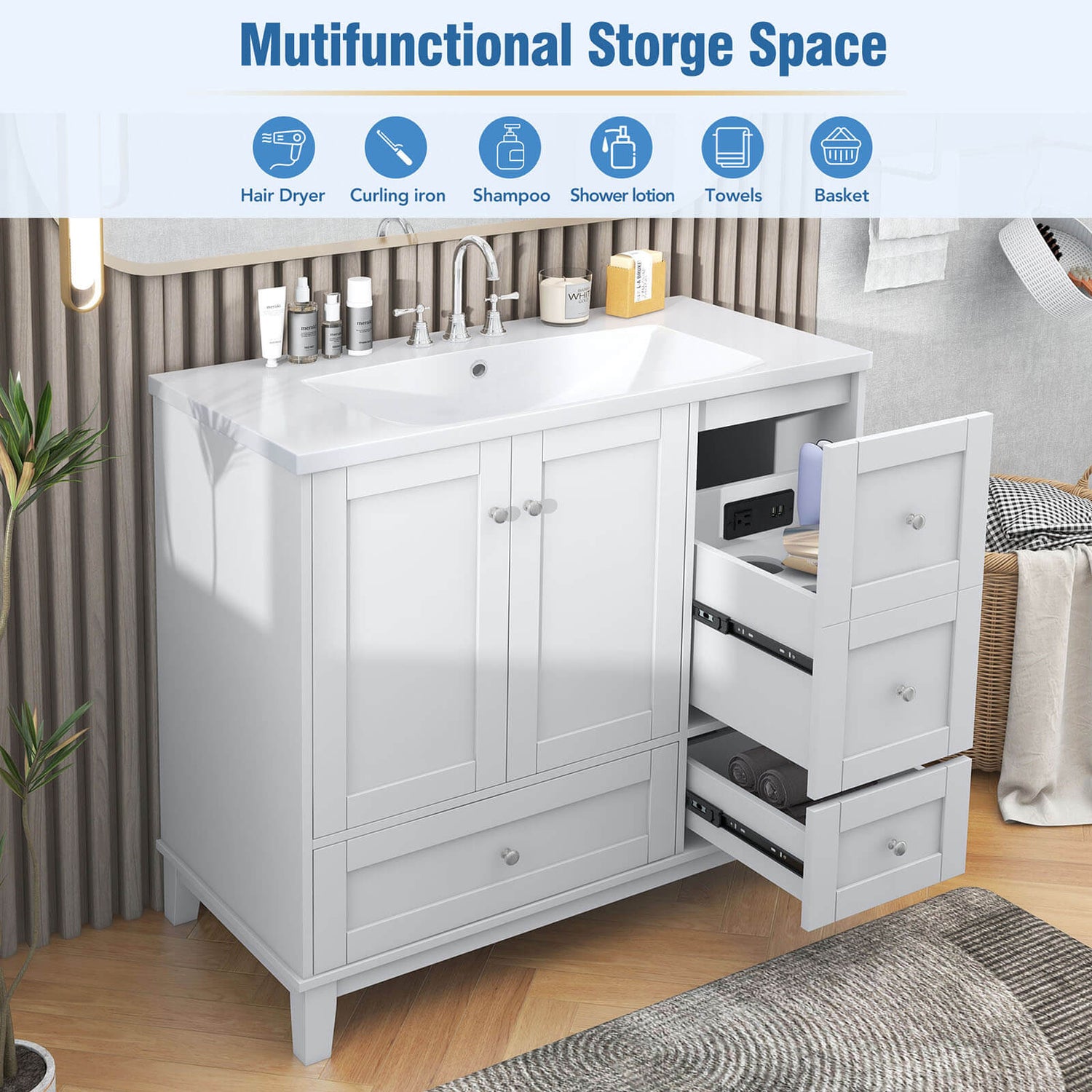 Description of Multifunctional Storage with Integrated USB Charging 36 inch White Bathroom Vanity