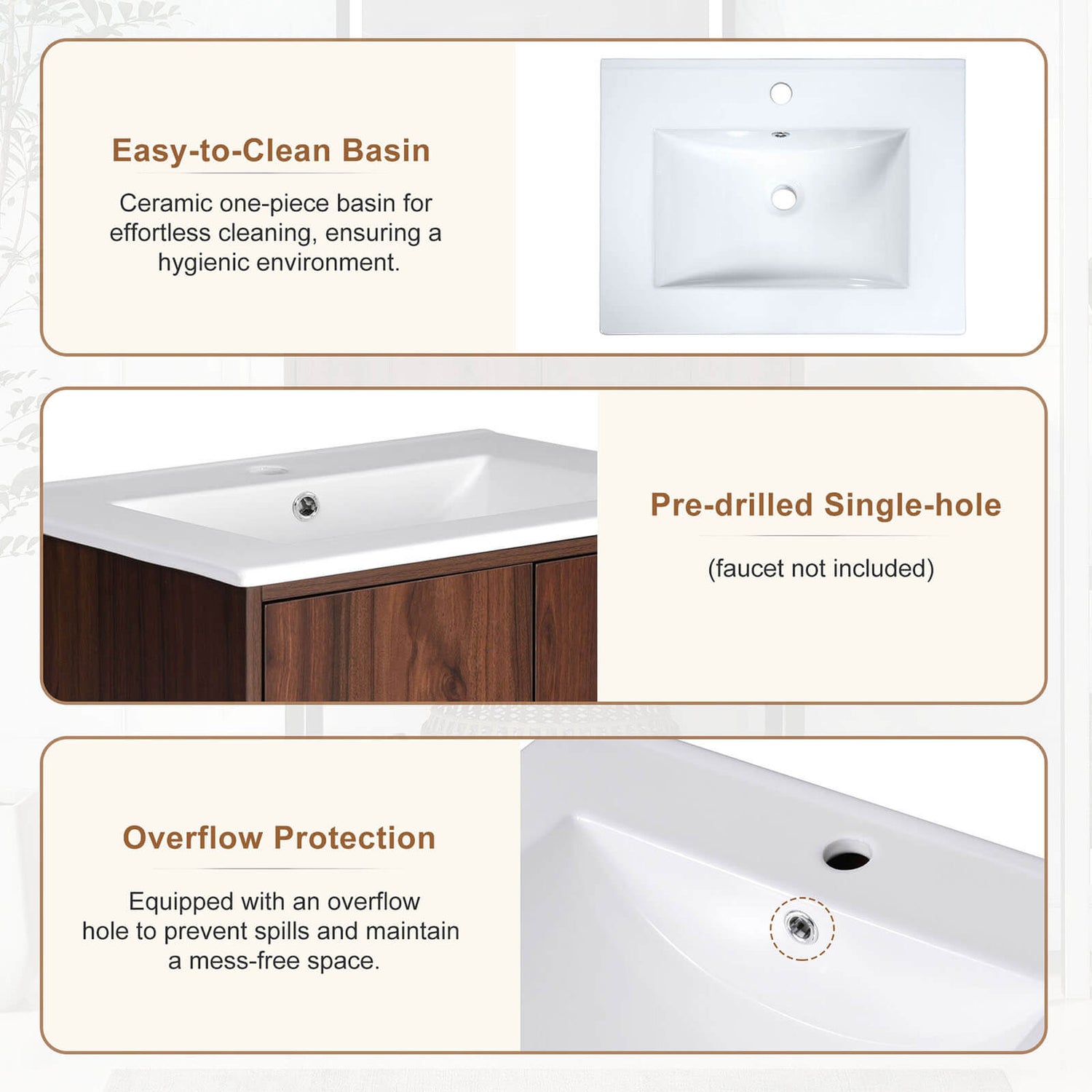 Description of the countertop for the 24 inch Walnut Freestanding Bathroom Vanity with Open Shelves