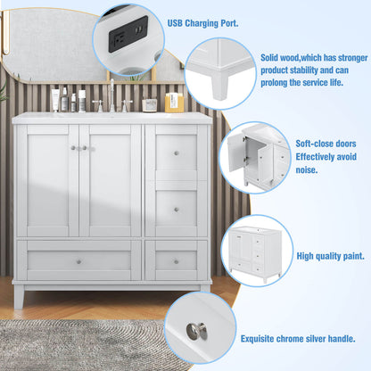 Description of the parts of the 36 inch White Bathroom Vanity with Integrated USB Charging