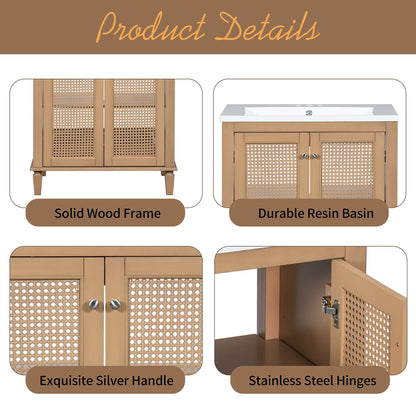 Design details of a 30 inch freestanding bathroom vanity with rattan doors