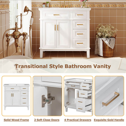 Design details of 36 inch white solid wood bathroom vanity with resin sink