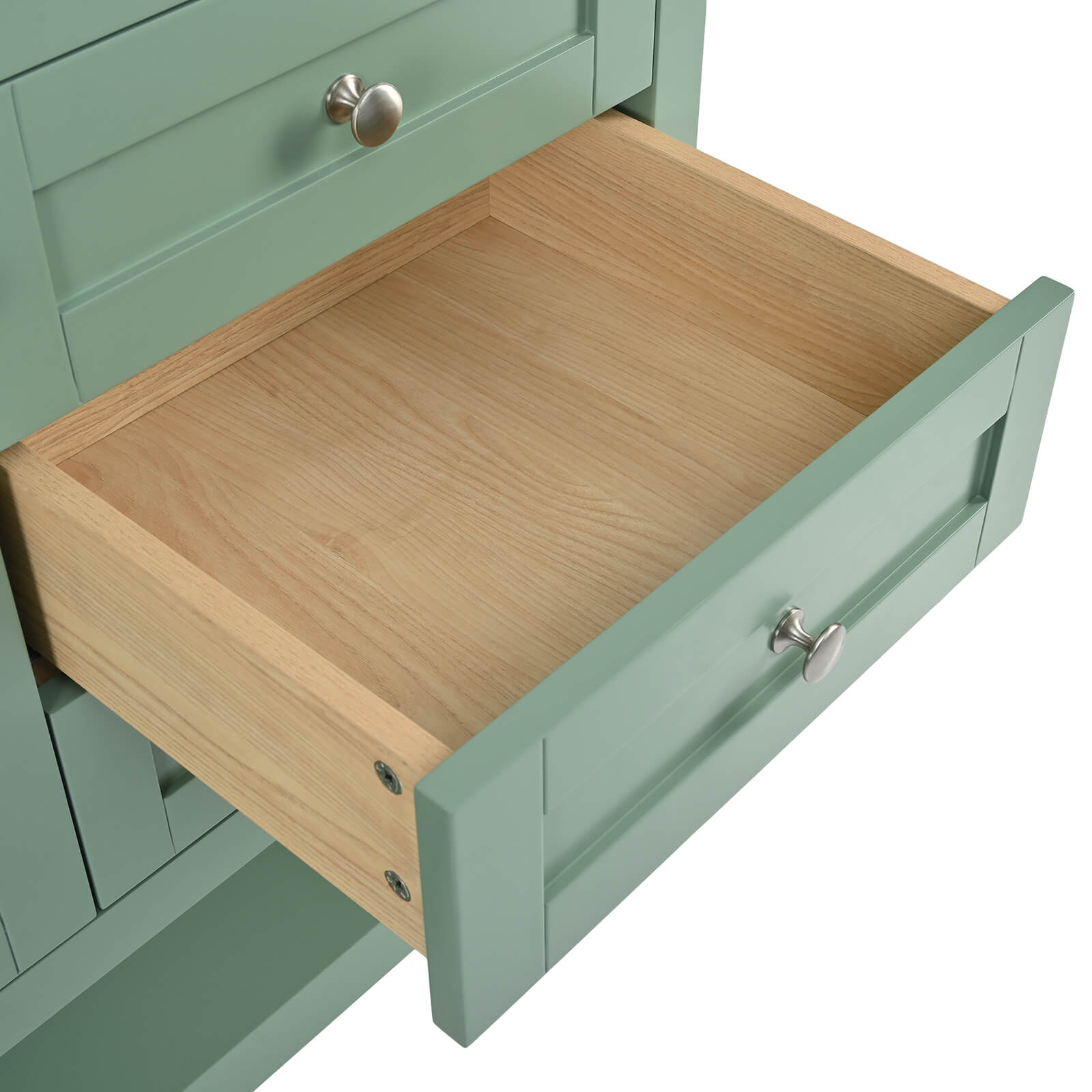 Detail of 36 in drawer with louvered doors and open bottom dresser