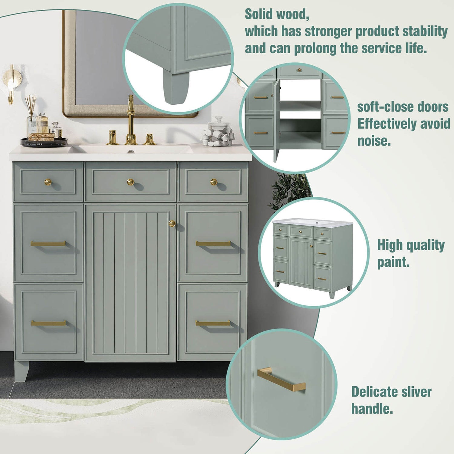 Detail of 36 inch green bathroom vanity with integrated resin sink