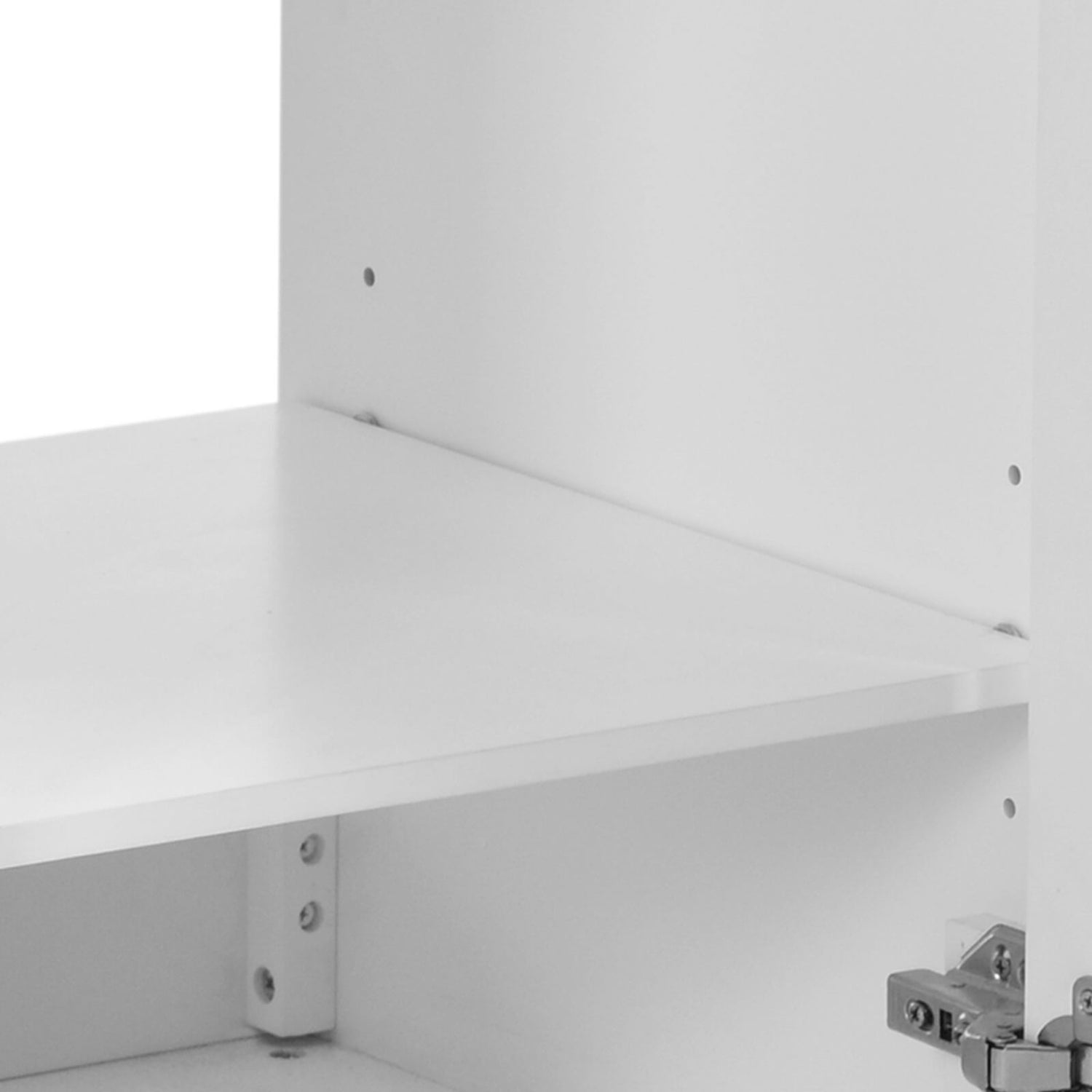 Detail of adjustable shelves in a 30 white bathroom vanity with 2 left side drawers