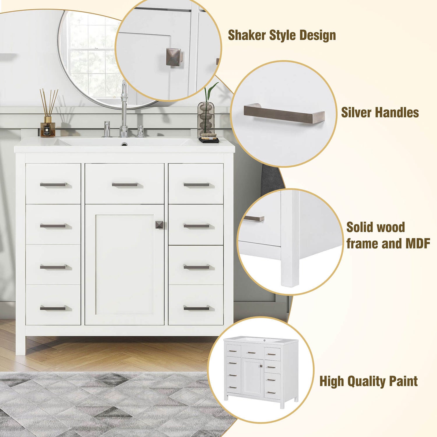 Detail of each position of 36 inch white bathroom vanity with 6 drawers