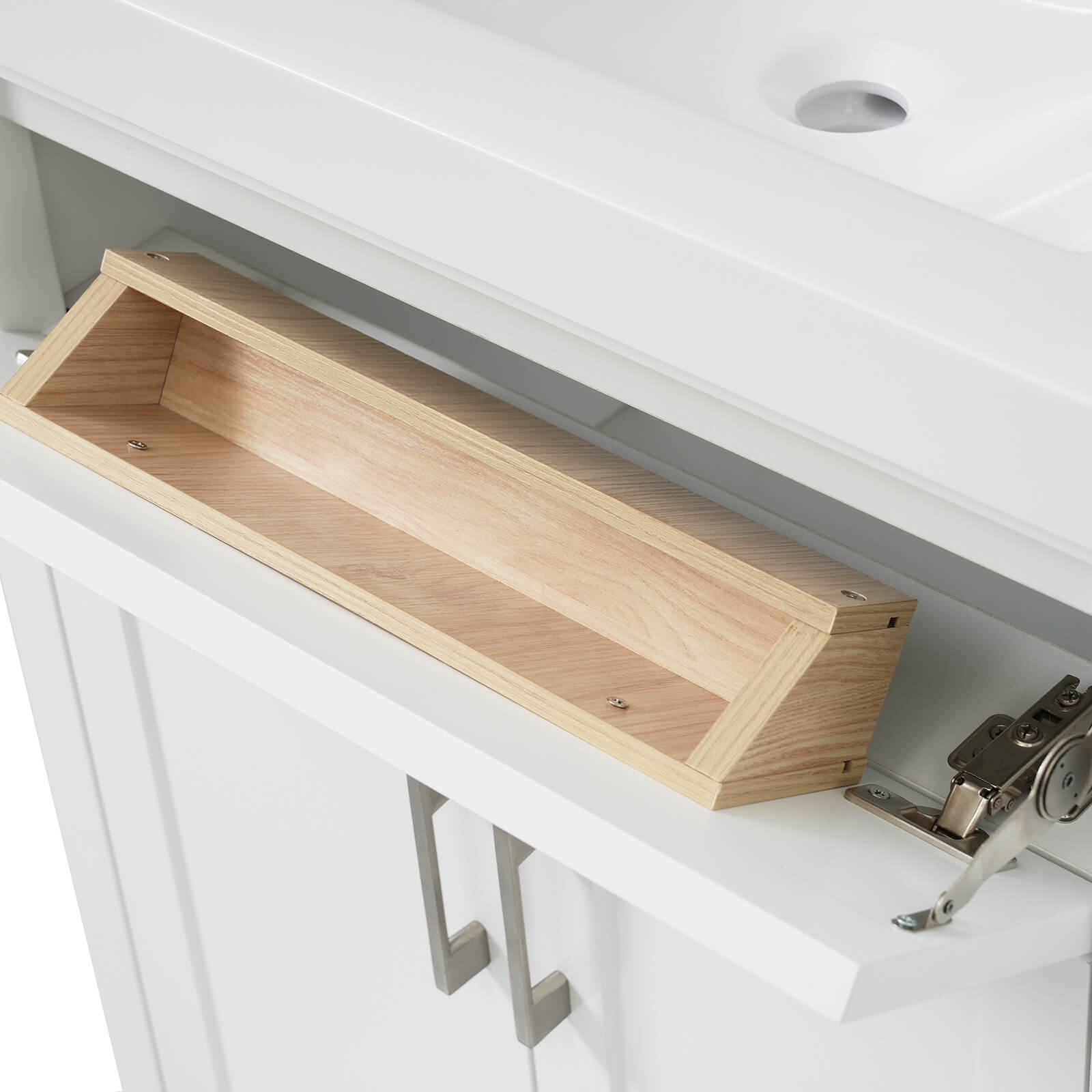 Detail of flip top drawer in 36 white bathroom vanity with left offset sink