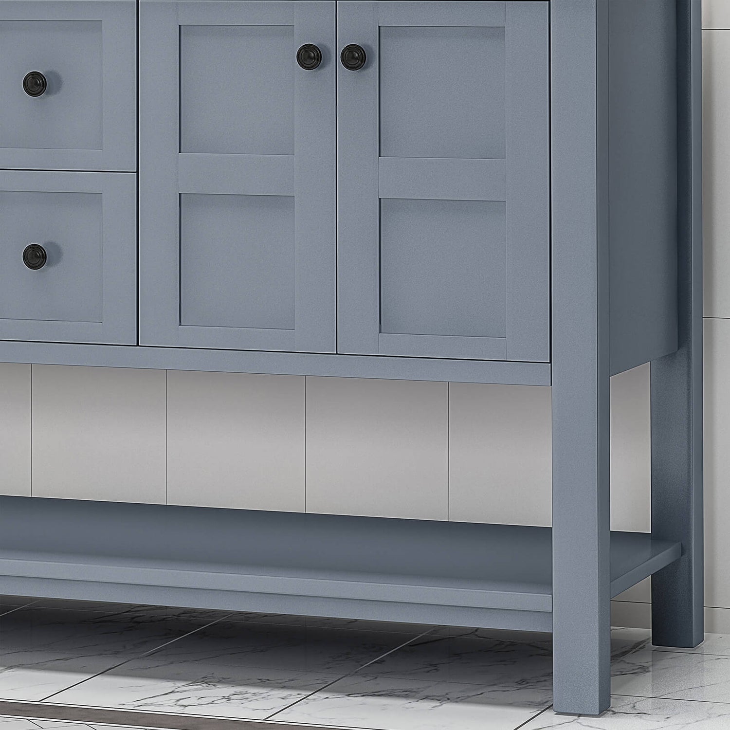 Detail of the legs of a 61 blue gray bathroom vanity with marble top and open shelving