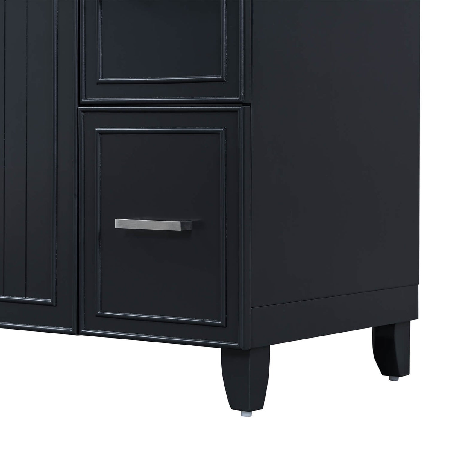 Detail of the legs of the 36 inch black bathroom vanity cabinet with 4 drawers