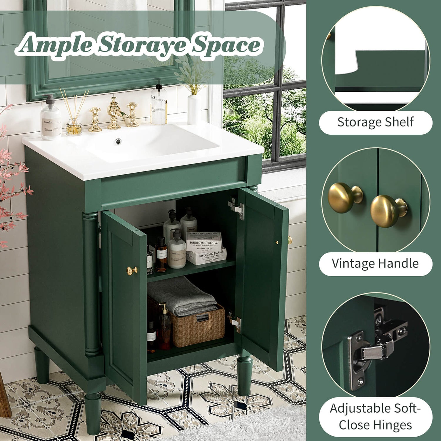 Detail of the various parts of the 24 in green mid century modern bathroom vanity