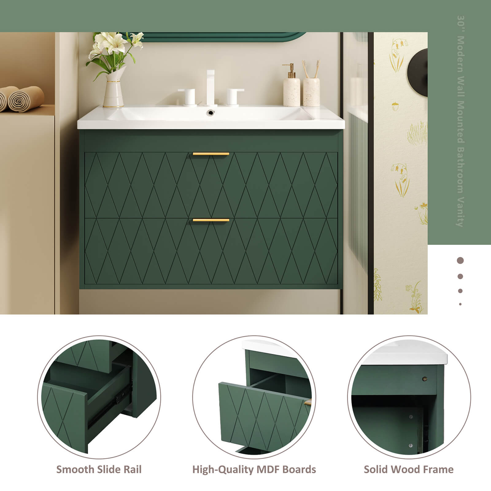 Detail of various parts of 30 inch green bathroom vanity with gold hardware