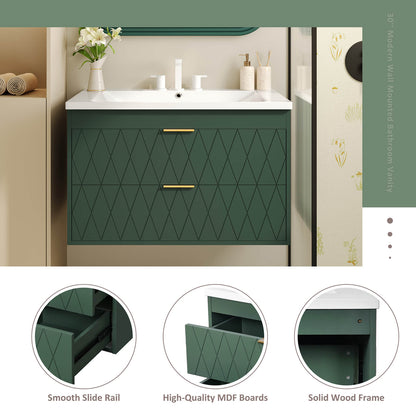 Detail of various parts of 30 inch green bathroom vanity with gold hardware