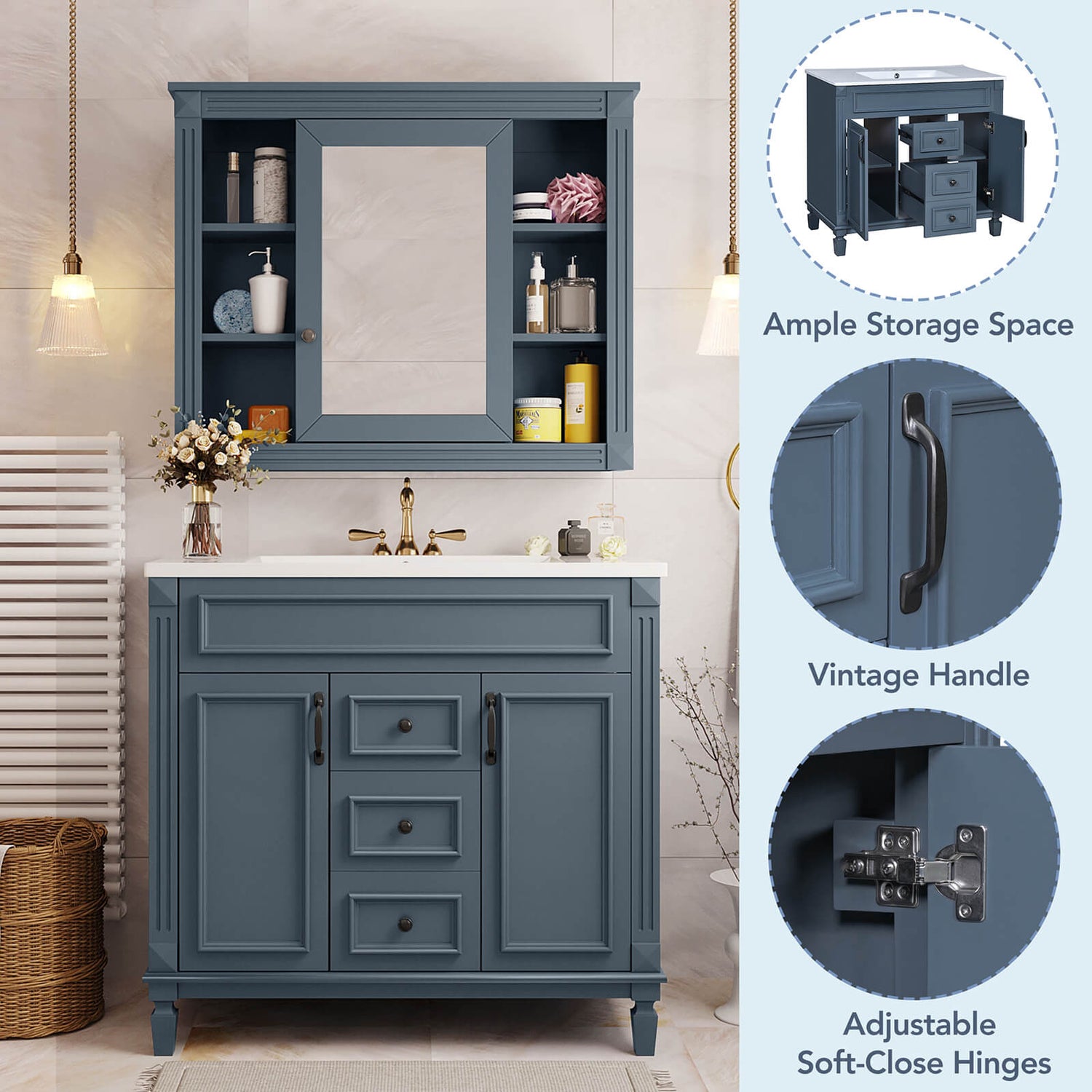 Detail of various positions of a 36 inch modern blue floor standing bathroom vanity