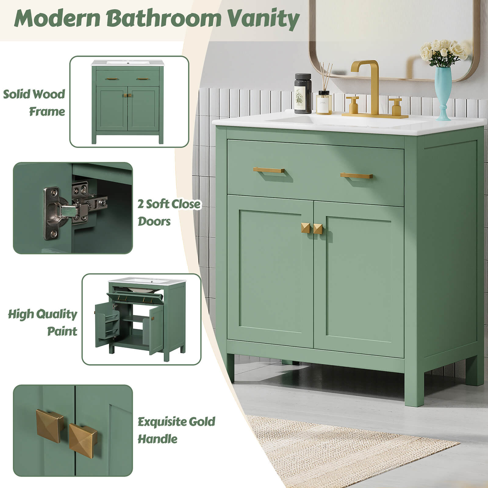 Detail of 30 inch Sage Green Bathroom Vanity with Undermount Single Sink