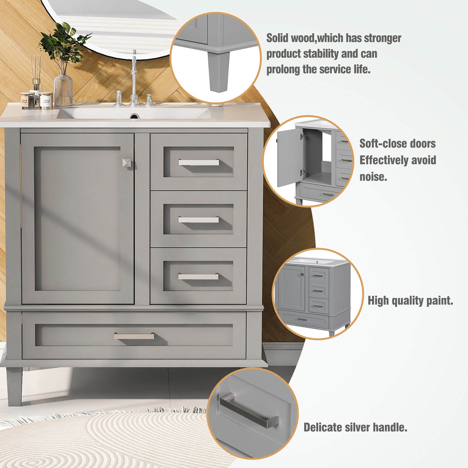 Detail of 30 inch grey solid wood bathroom vanity with countertop