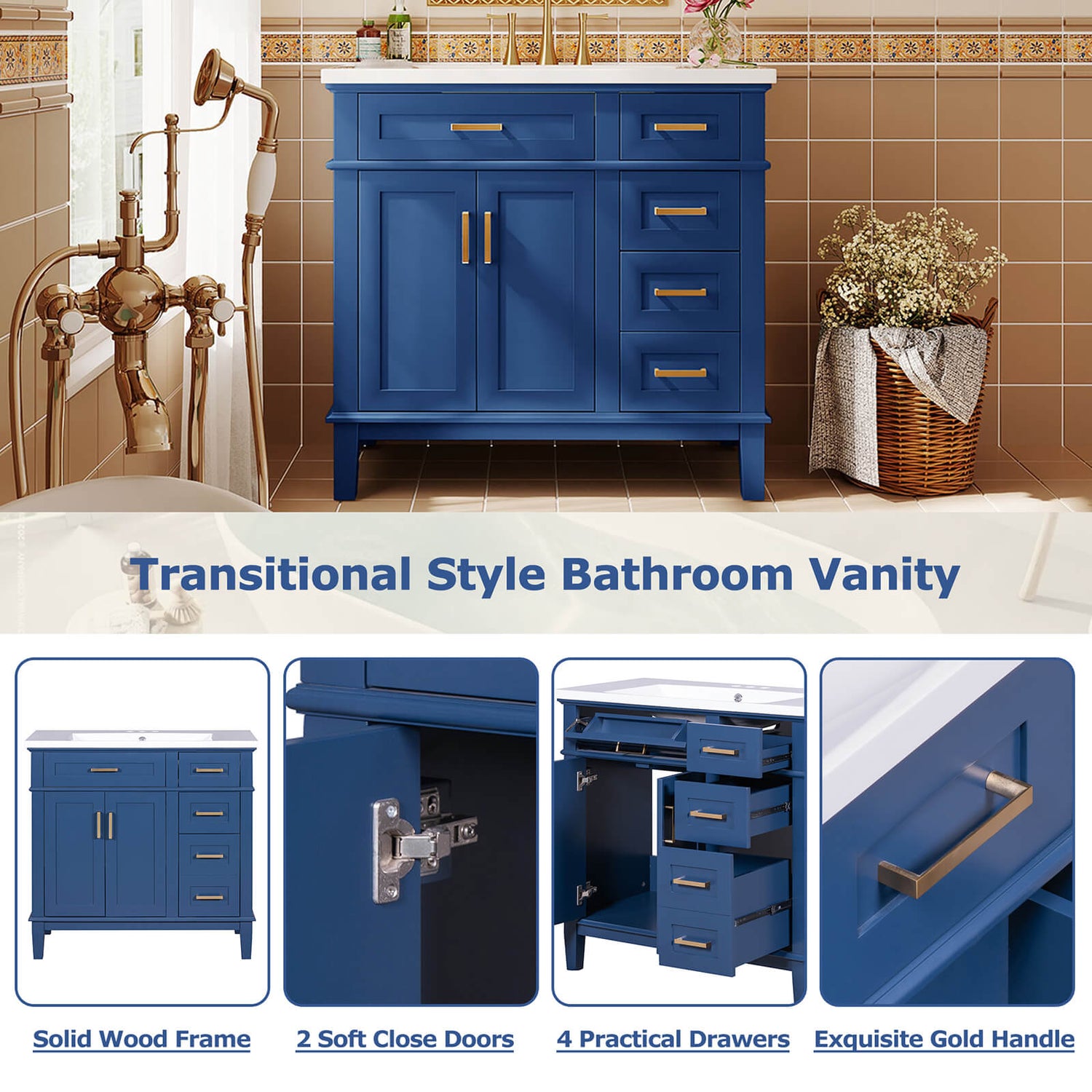 Detail of 36 inch Navy Solid Wood Bathroom Vanity with Resin Sink