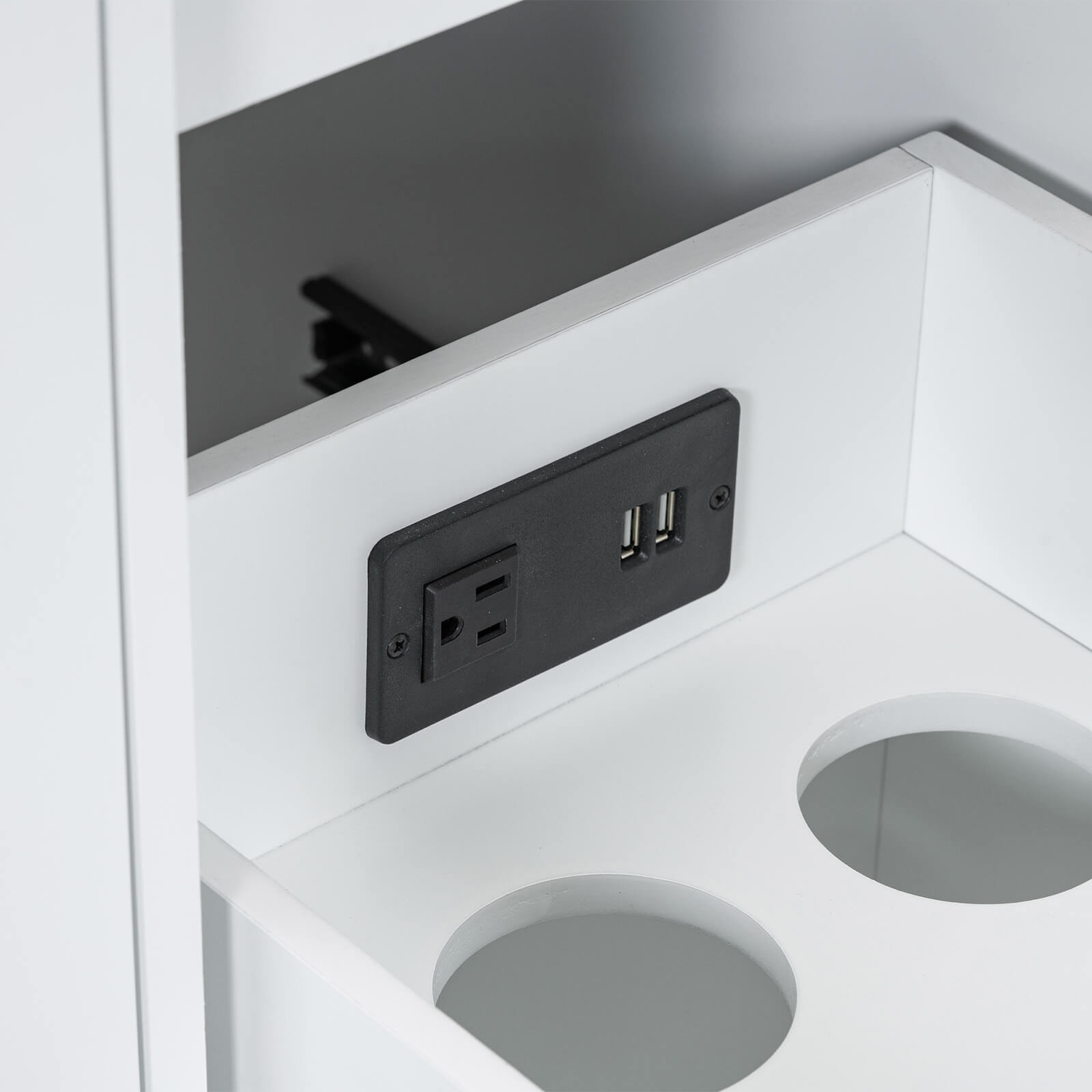 Detail of USB charging feature on 36 inch white bathroom vanity without overhead sink