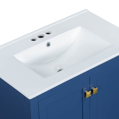 Detail of a top sink with built-in shelves 30 inch blue bathroom vanity