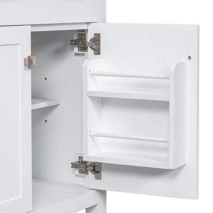 Detail of door hinges on 30 inch white bathroom vanity with undermount single sink