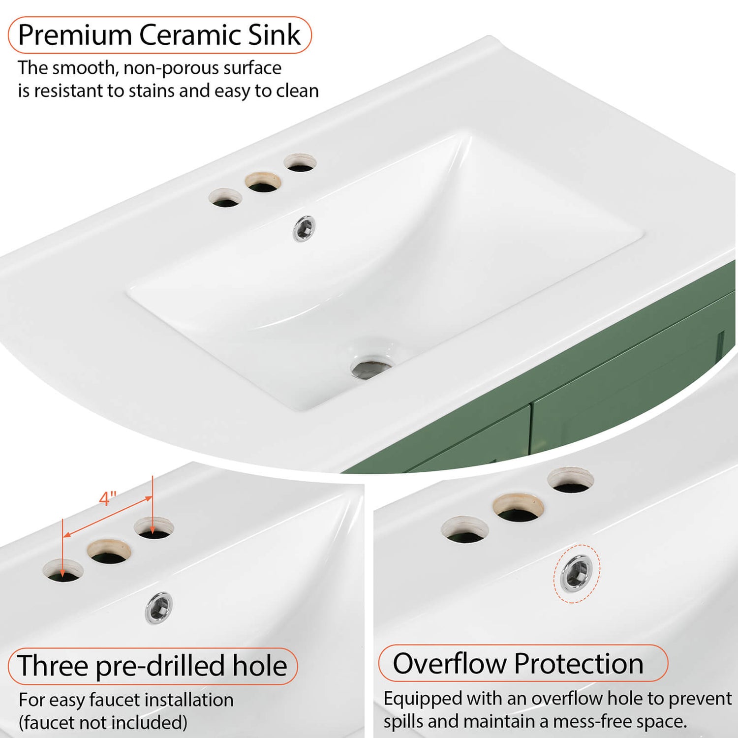 Detail of faucet mounting holes for a 30 inch green bathroom vanity with built-in shelves