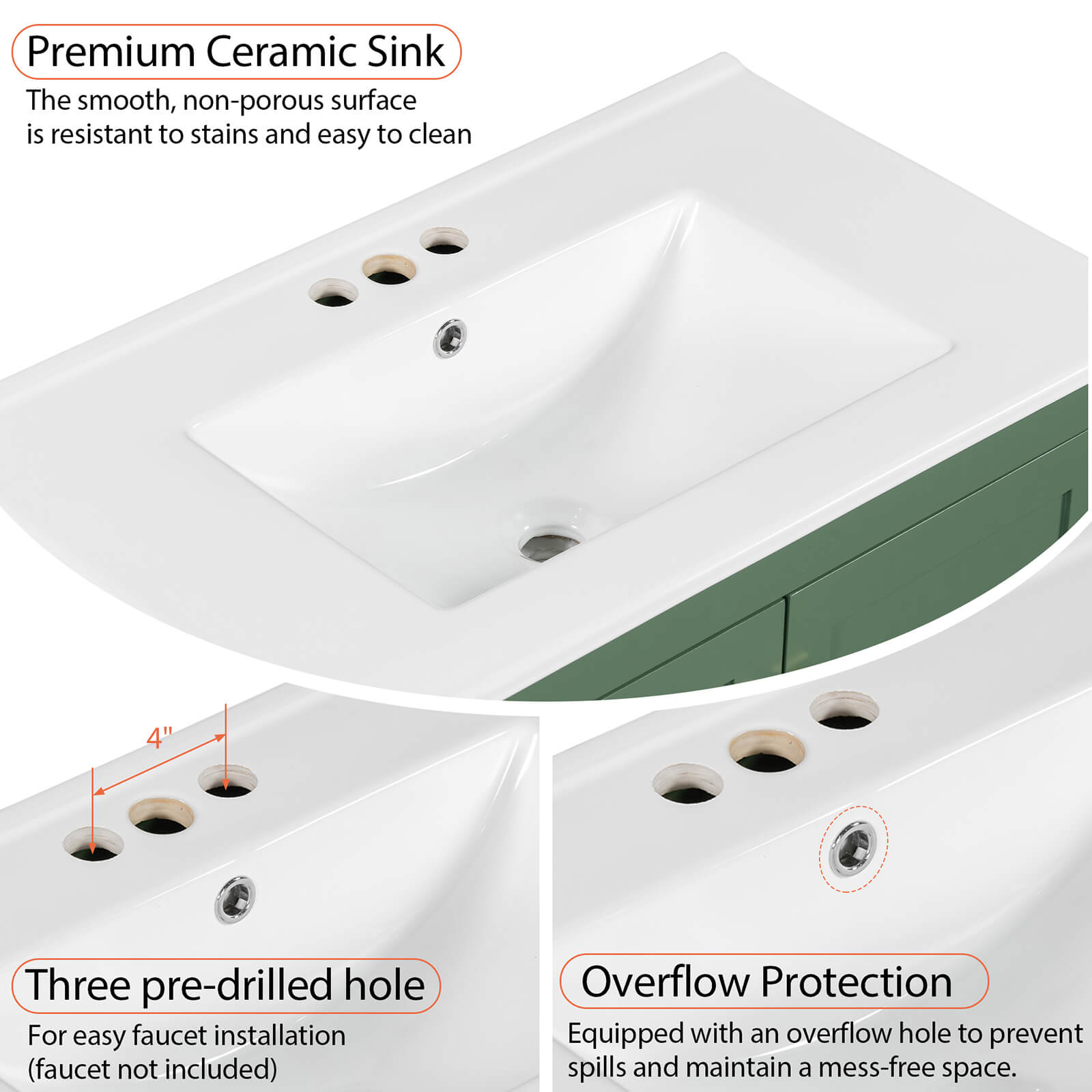 Detail of faucet mounting holes for a 30 inch green bathroom vanity with built-in shelves