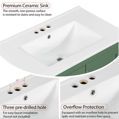 Detail of faucet mounting holes for a 30 inch green bathroom vanity with built-in shelves