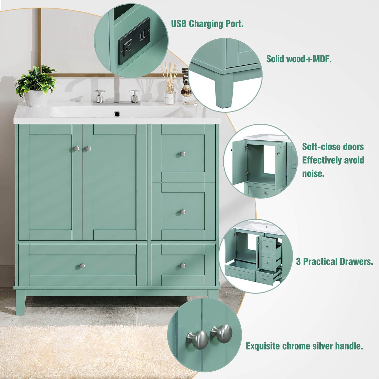 Detail of multiple areas of a 36 inch mint green bathroom vanity with integrated USB charging