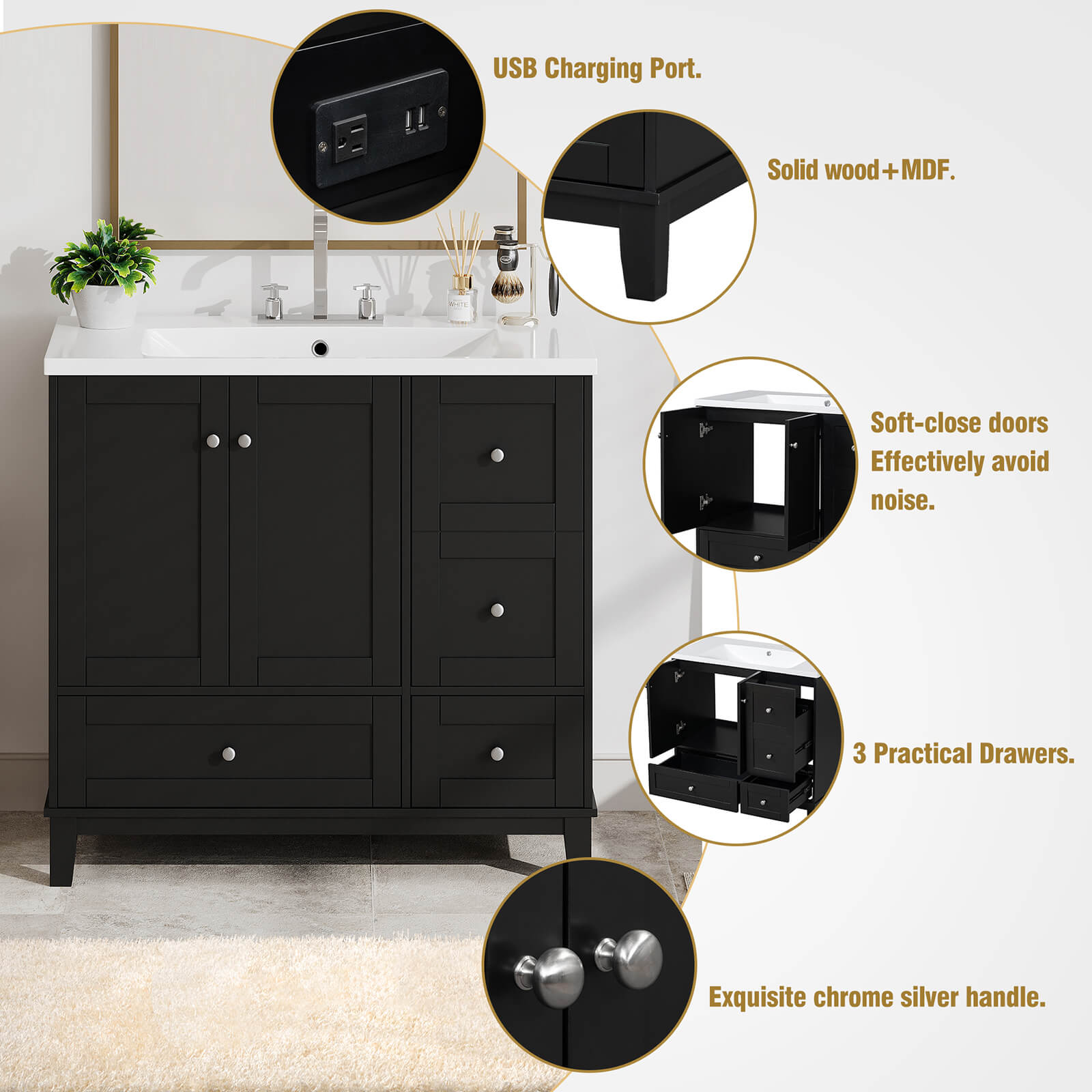 Detail of the components of the 36 inch black bathroom vanity with integrated USB charging