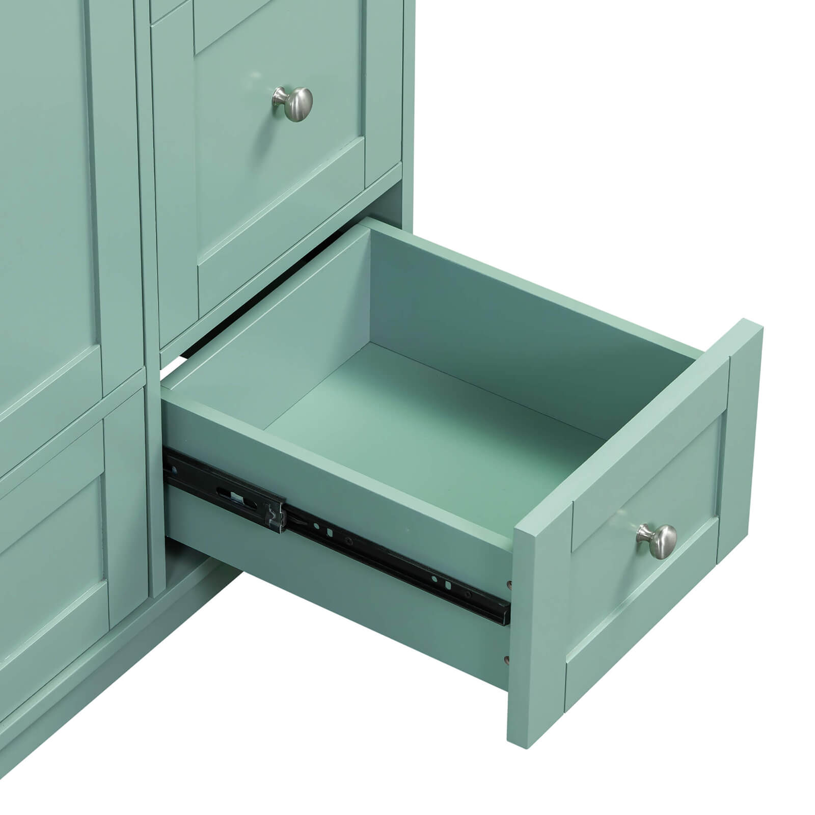 Detail of the small bottom drawer of the 36 inch mint green bathroom vanity with integrated USB charging