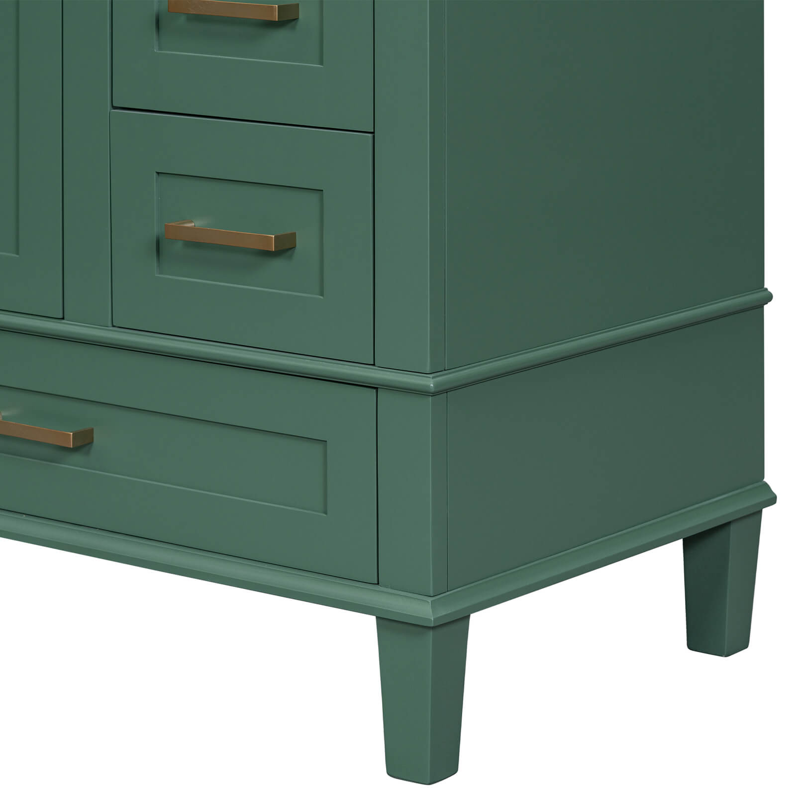 Detail of the supporting feet of the 30 inch dark green solid wood bathroom vanity with countertop