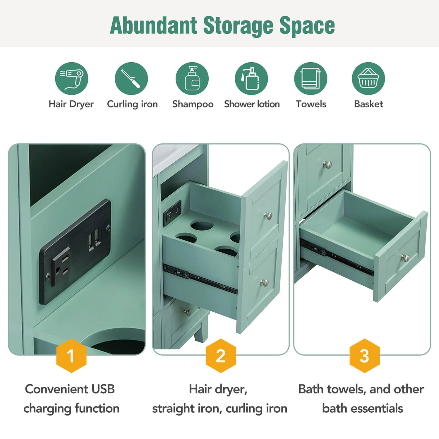 Detail of the top drawer of a 36 inch mint green bathroom vanity with integrated USB charging