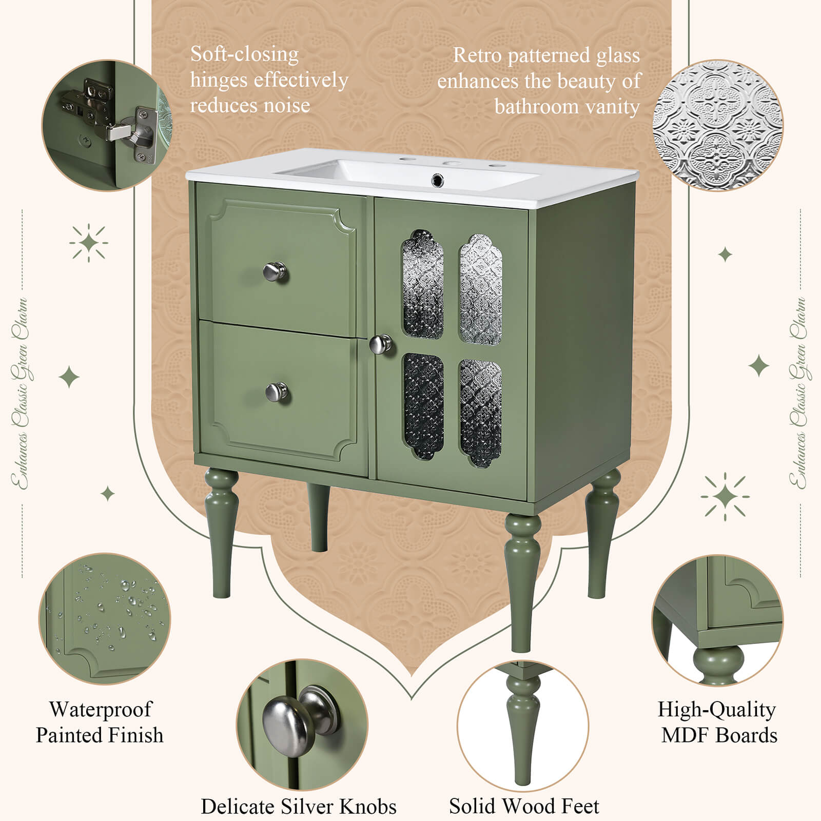 Detailed description of each part of the 30 inch retro creative design bathroom vanity