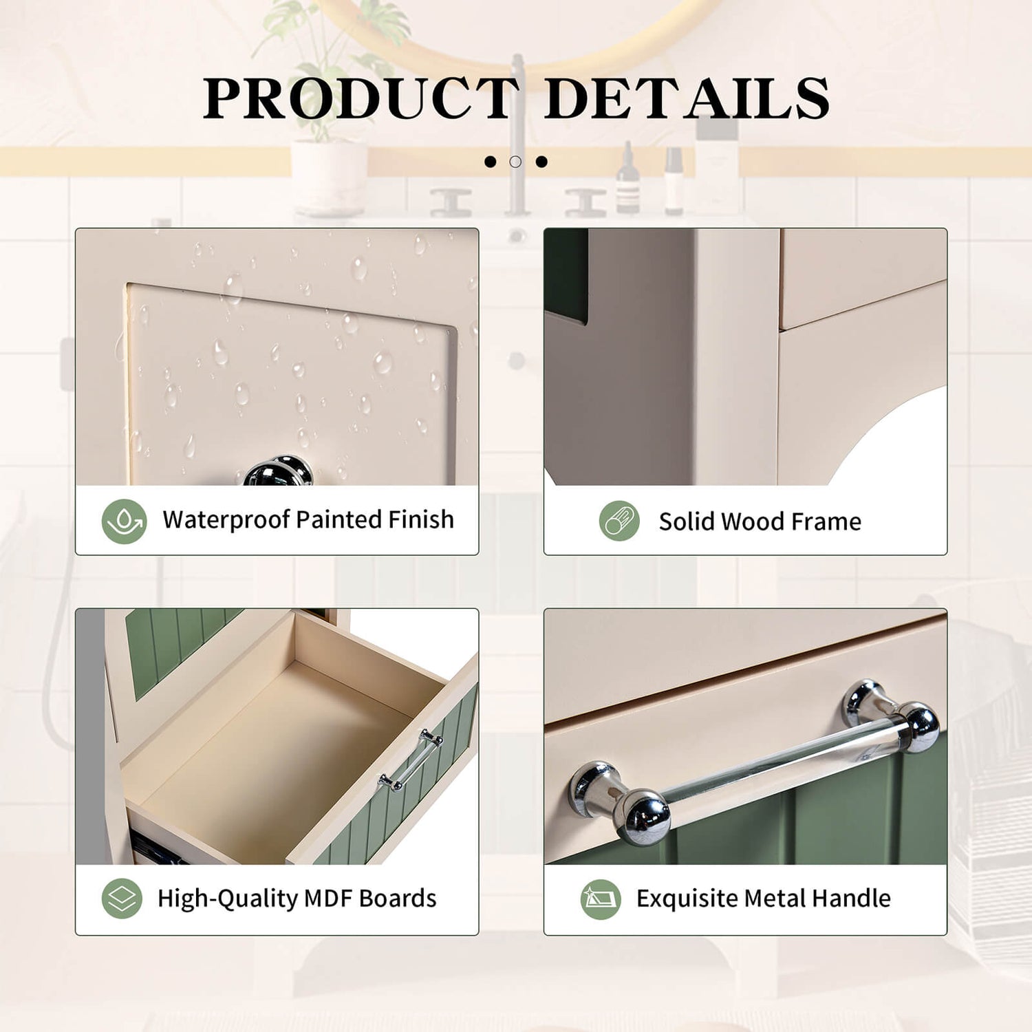 Detailed display of the various positions of the 24 inch two tone design bathroom vanity