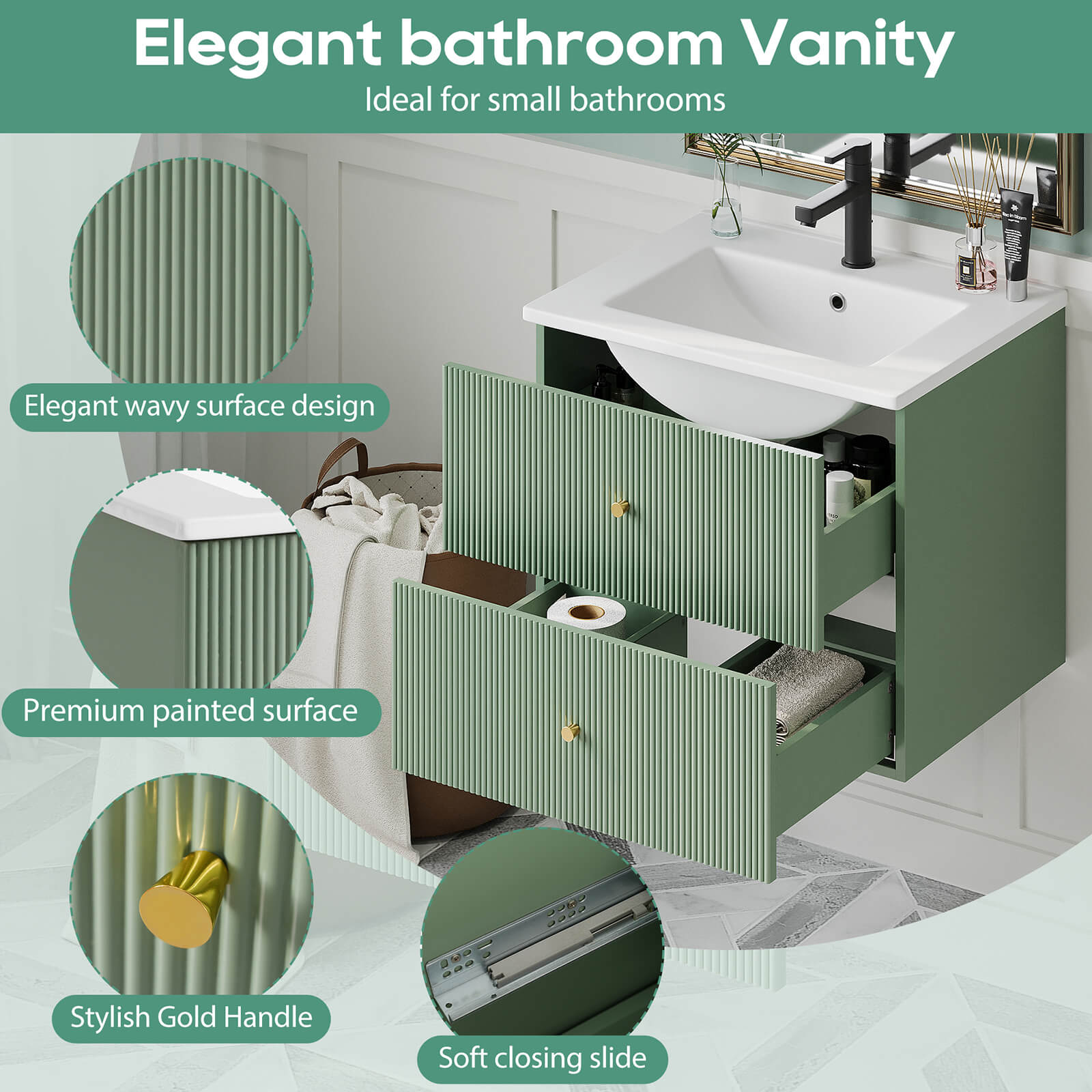 Detailed display of various parts of the 24 inch green wall mounted vanity with single hole ceramic sink