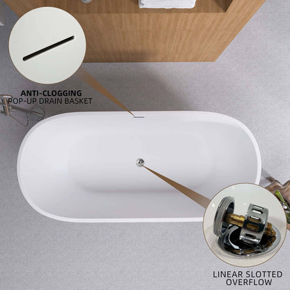 Detailed view of the drain and overflow of the 55 inch matte white oval bathtub