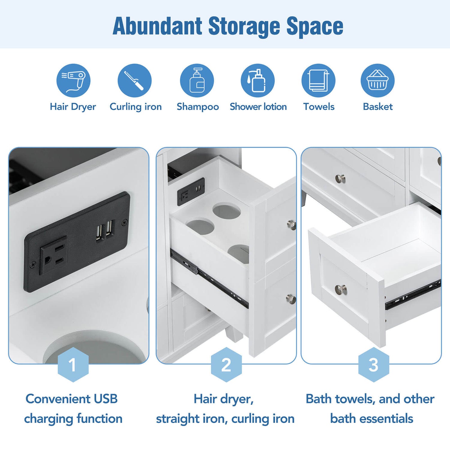 Detailed description of storage space for 36 inch white bathroom vanity with integrated USB charging