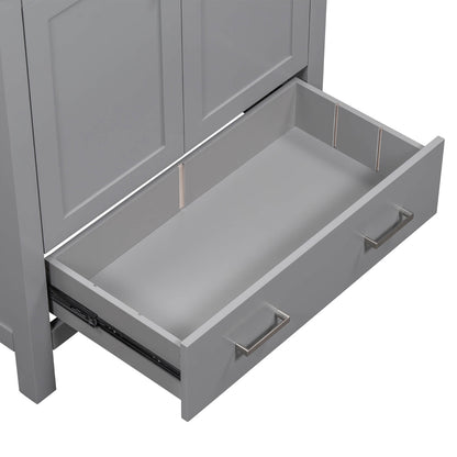 Detailed look at the built-in shelf of gray vanity