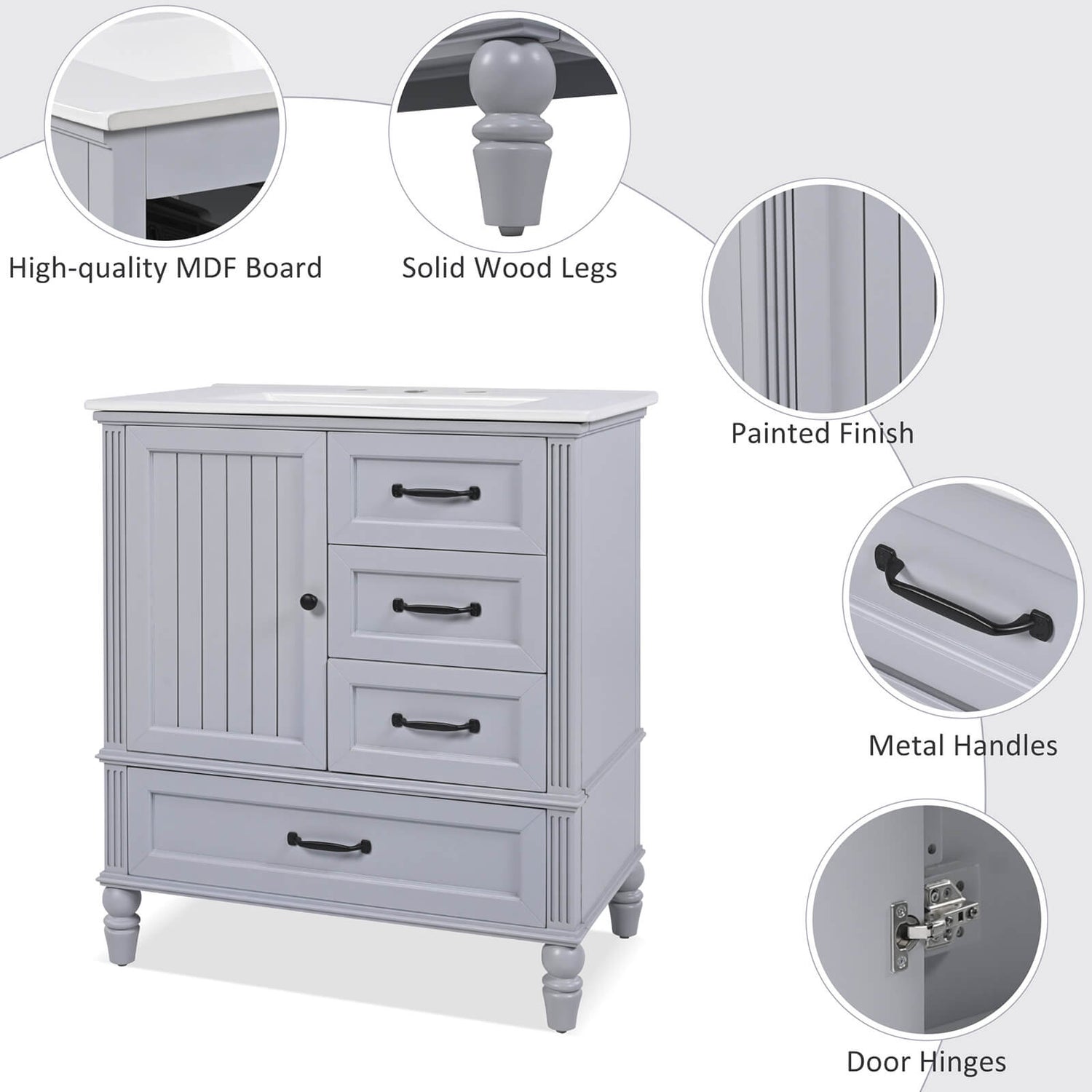 Details of the 30 in light grey blue acacia wood dresser with bottom drawers