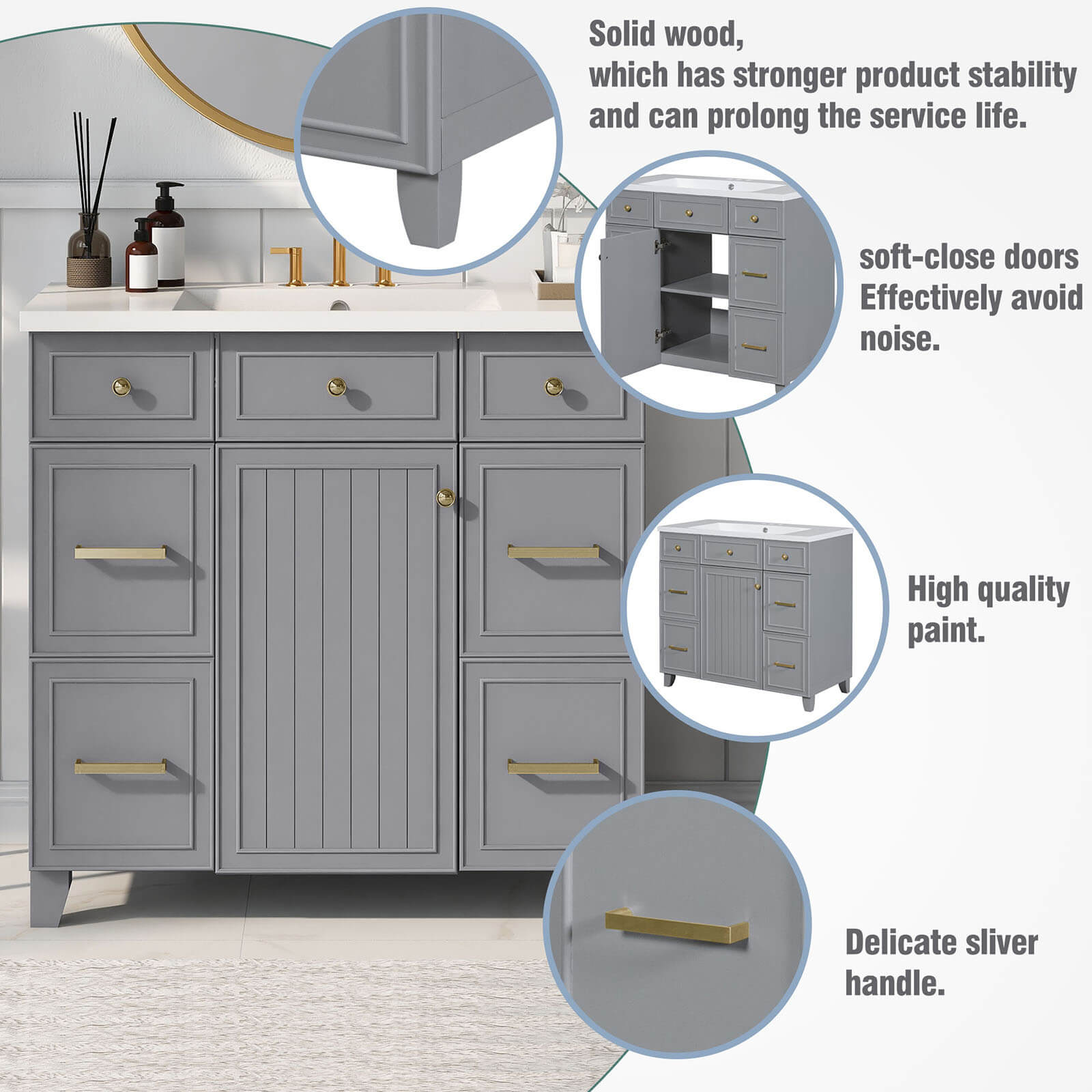 Details of the 36 inch grey bathroom vanity with integrated resin sink