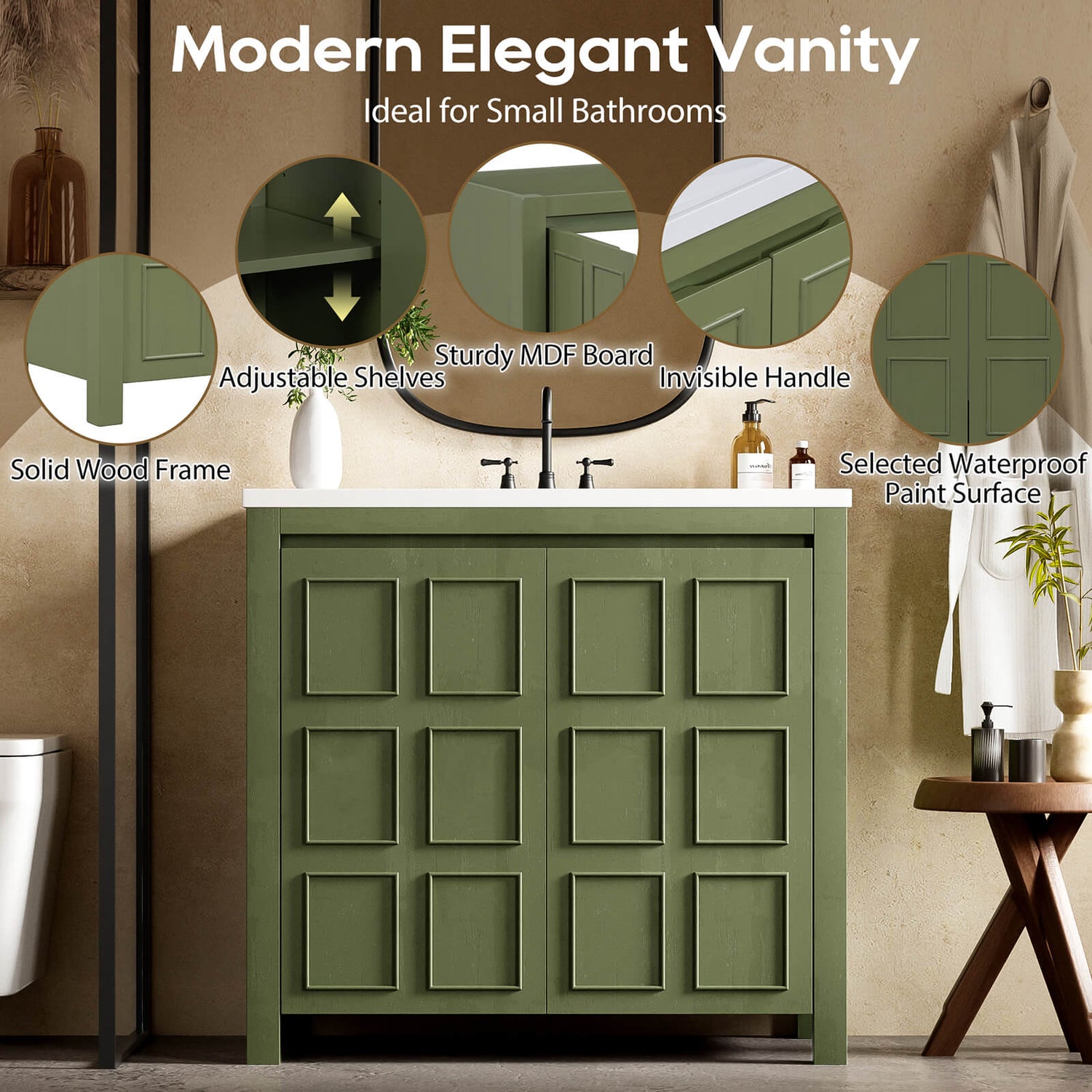 Details of the 36 inch olive green bathroom vanity with grid patterned doors