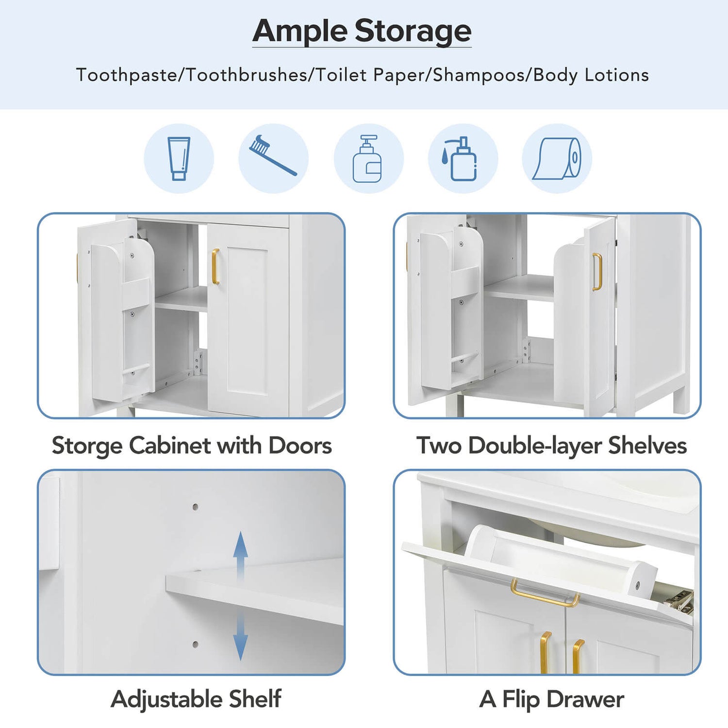 Details of the various parts of the 24 inch white dresser with built in shelves inside the door